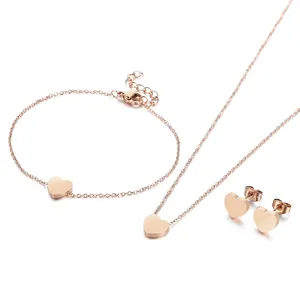 Minimalist Stainless Steel Heart Jewelry Set For Women Polished Love Shape Necklace Bracelet Earrings Set Sweet Fashion Accessory