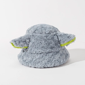 Detail view of plush grey bucket hat with long ears and neon green lining texture
