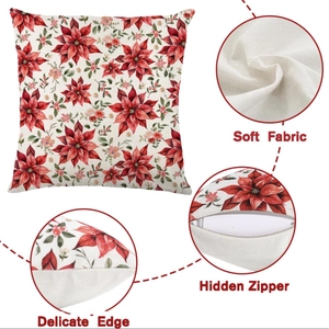 Detail of Christmas pillow cover showing hidden zipper, fabric texture, and floral print