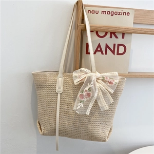 Straw Woven Tote Bag Floral Embroidery Lace Bow Summer Beach Vacation Shoulder Handbag For Women
