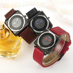 Chic square quartz watches with leather straps in black, brown, and red for women