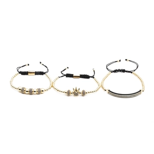 Adjustable 3-piece set of men's crown zircon beaded bracelets with gold beads and black cord