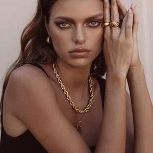 Gold plated thick twist rope chain necklace and minimalist vintage jewelry set for women