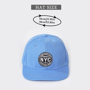Guide des tailles montrant le tour de tête de 56-58cm pour la casquette NYC bleu ciel