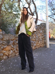 Quilted color-block jacket in beige and green, featuring decorative pockets and contrast piping