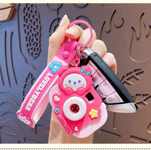 Detail of pink cartoon bear camera keychain with silicone strap and Lovelybear text