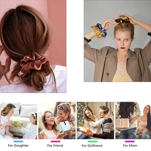 Satin fabric large hair scrunchies set in various colors shown as gifts for women
