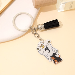 Acrylic Halloween keychain with cute cat ghost charm and black tassel bag accessory