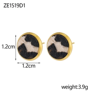 Detail showing 1.2cm diameter leopard print stud earrings with gold metal edges