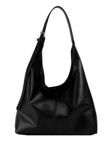 Minimalist black leather Hobo shoulder bag with gold buckles and adjustable strap