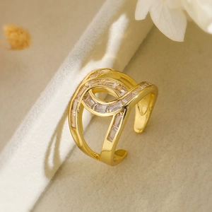 Irregular geometric gold ring with rectangular zircon in multi-layer open design