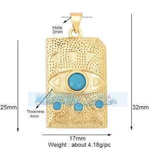Detailed view of evil eye pendant with blue stones and dimensions 32mm by 17mm
