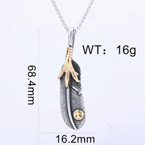 Detailed size specifications of feather pendant with eagle claw and bird motifs in 16g weight