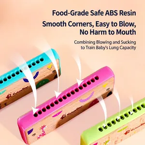 Colorful 16-hole wooden harmonica set for children with cute cartoon patterns