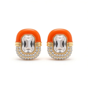 Luxury orange enamel and gold earrings with rectangle crystal and retro aesthetic