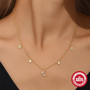 Classic S925 sterling silver gold necklace with celestial star and moon opal pendants