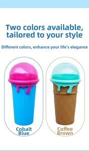 Detailed view of cobalt blue and coffee color smoothie cups with creative ice cream lids