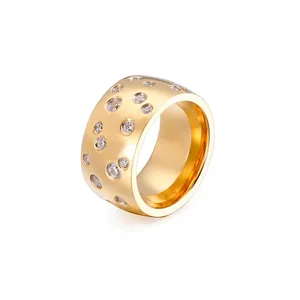 Wide Band Ring Stainless Steel With Scattered Zircon Stones Geometric Fashion Jewelry For Men And Women Couples