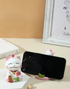 Cute cherry blossom lucky cat resin phone stand and home ornament for desk decor
