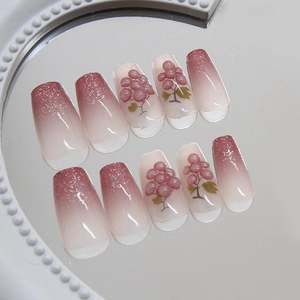 3D purple grape press-on nails with lavender gradient and silver glitter accents