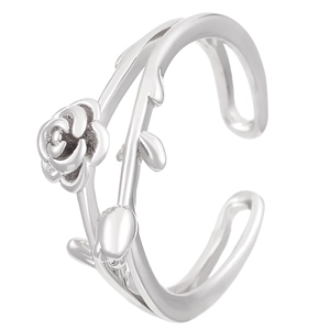 Elegant silver rose flower and leaf open adjustable ring in minimalist metal design