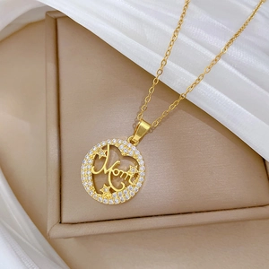 Elegant gold titanium steel necklace with Mom star pendant and shimmering rhinestones