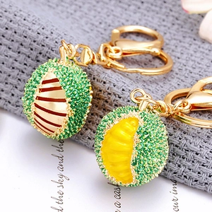 Detailed view of creative durian keychain with open shell and yellow pulp texture