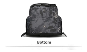 Detailed base view of camouflage tactical chest bag featuring metal drainage holes and D-rings