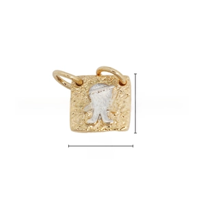 Close-up of 18k gold plated square pendant with embossed human figure and 9mm dimensions