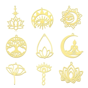 Golden stainless steel lotus and tree of life pendants in a grid layout for jewelry making