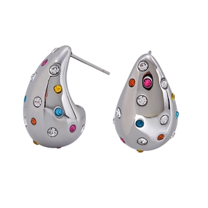 Colorful rhinestone teardrop stud earrings in polished stainless steel for women