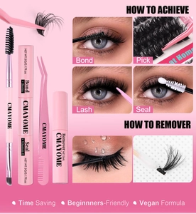 Lash extension kit featuring pink bond, seal, and remover with step-by-step usage guide
