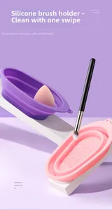 Detail of foldable silicone makeup brush cleaning bowl with textured bottom and portable design