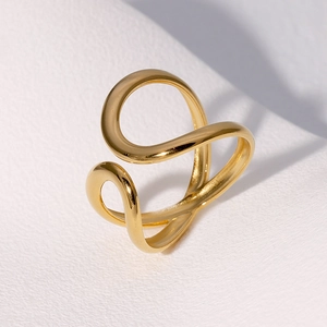 Minimalist Asymmetric Irregular Curved Line Open Ring 18K Gold Plated Stainless Steel Geometric Adjustable Band For Women