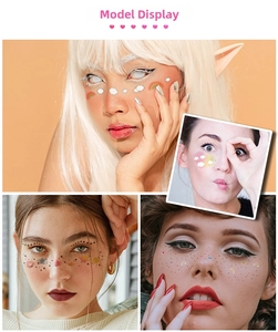 Detail of creative face tattoos with clouds, rainbows and stars on model makeup