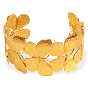 18K gold plated stainless steel open bangle featuring an intricate butterfly cutout design