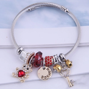 DIY crystal beaded charm bracelet with pearl bear pendant and heart key in silver steel