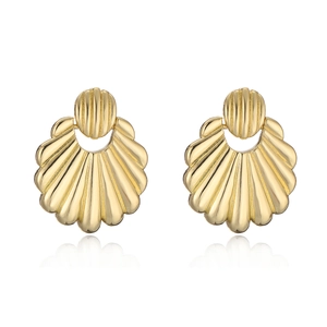 Elegant gold ribbed fan shaped earrings with a polished metallic finish on white background