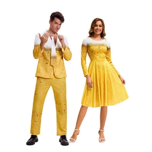 Detail of yellow beer pattern couple outfit for Oktoberfest stage performance and parties