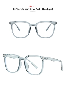 Detail view of transparent grey square frames with anti-blue light lenses and hinge construction