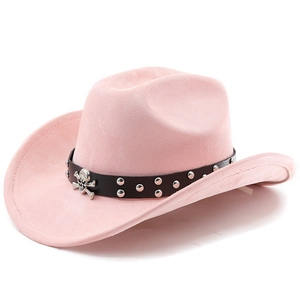 Detail of pink faux suede cowboy hat featuring black leather band with skull logo
