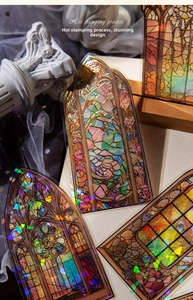 Detail showing hot stamping process on gothic stained glass PET stickers for scrapbooking