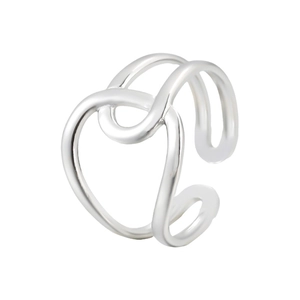 Macro detail of silver intertwined knot design on a minimalist stainless steel open ring