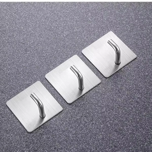 Three adhesive stainless steel hooks with brushed metal finish and L-shaped hooks