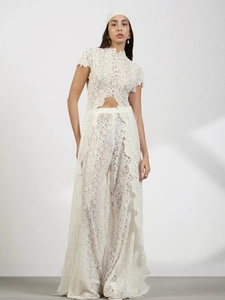 Floral Lace Hollow Out Short Sleeve Top And Wide Leg Trousers With Headscarf Vintage Vacation Style For Women