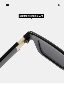 Detail of reinforced golden metal hinge and secure mirror shaft on black sunglasses
