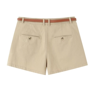 Women's khaki pleated casual shorts with brown belt and back buttoned pockets