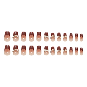 24pcs burgundy French gradient press-on nails with rhinestone and bow decorations