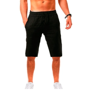 Men's hip-hop cotton linen sports shorts in black with drawstring and elastic waist