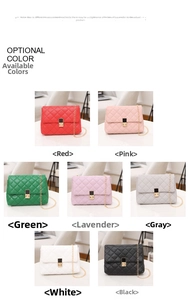 Detail shot of quilted crossbody bags with chain straps in seven vibrant color options